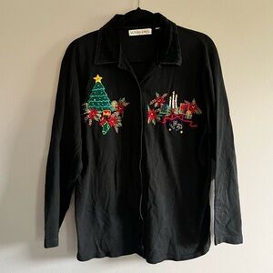 Vintage Victoria Jones Black Velvet Collar Embroidery Christmas Button Down Top